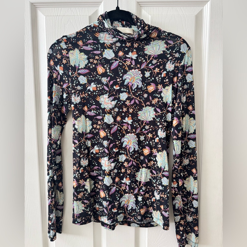 Ulla Johnson Black Long-Sleeve Floral Mock Neck Top